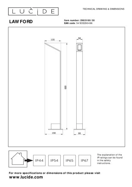 Lucide LAWFORD - Borne extérieur - LED - 1x6W 3000K - IP54 - Noir - technique